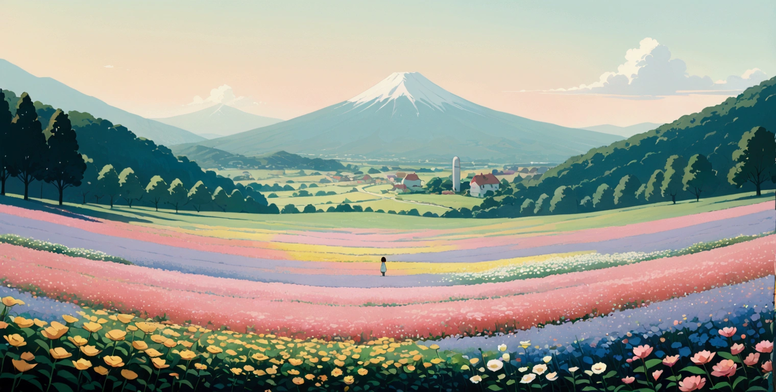 (minimalism:1.4), Lofi anime style, Studio Ghibli art, Miyazaki ,pastel , cute ,minimalist , SPIRITED AWAY From Hayao Miyazak ,No one is there , No people , Landscape , Flower field