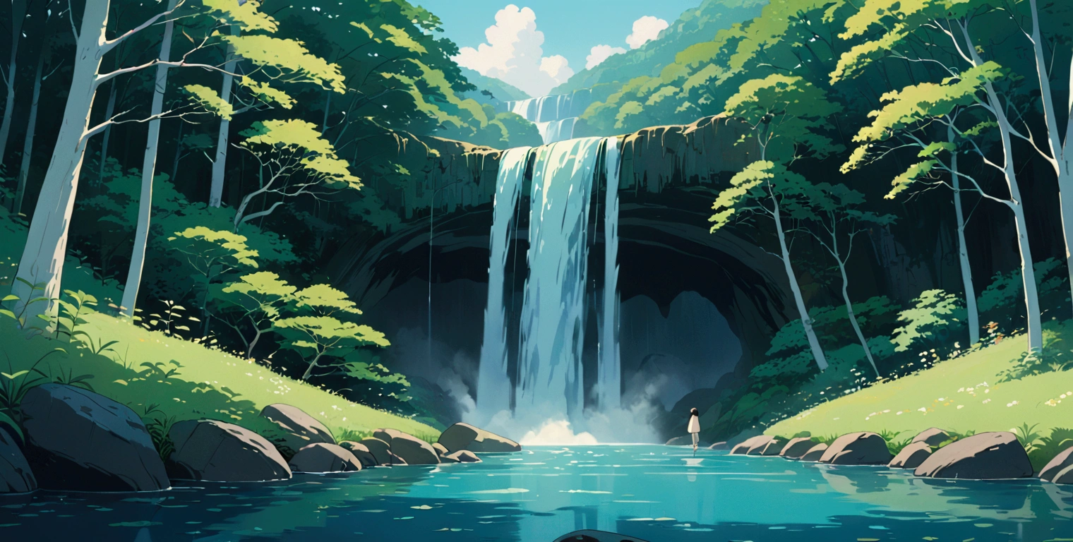 (minimalism:1.4), Lofi anime style, Studio Ghibli art, Miyazaki ,pastel , cute ,minimalist , SPIRITED AWAY From Hayao Miyazak ,No one is there , No people , Landscape ,Waterfall in the deep forest, beautiful nature, with a cool breeze.