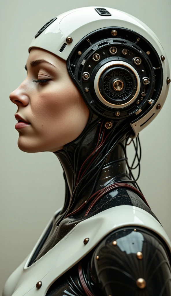 4K, Award-winning Raw Photo Realism: A Cyborg Android Woman, Eyes Closed, Intricately Detailed Wires and Cables Intertwining with Gears and Nerves, Painted in the Style of  Rembrandt and alphonse mucha, Trending on ArtStation, Hyper-realistic Digital Art, Shot with a 35mm Lens, HD.