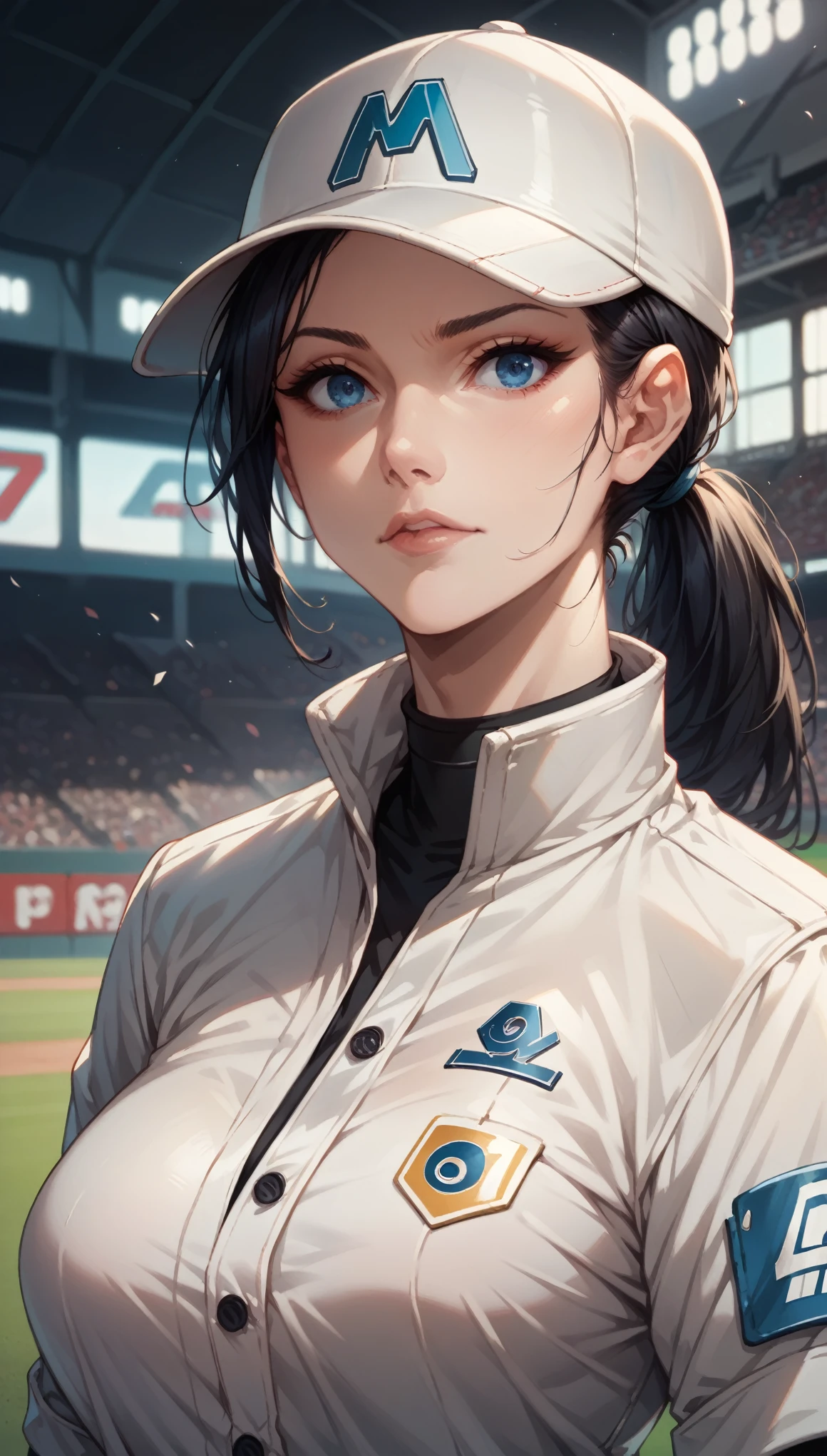 Turning around, baseball team manager girl, long black hair, blue eyes, detailed eyes, beautiful eyes, detailed face, long face, face with a mix of expressions, uniform, captivating visuals, calling out, storytelling