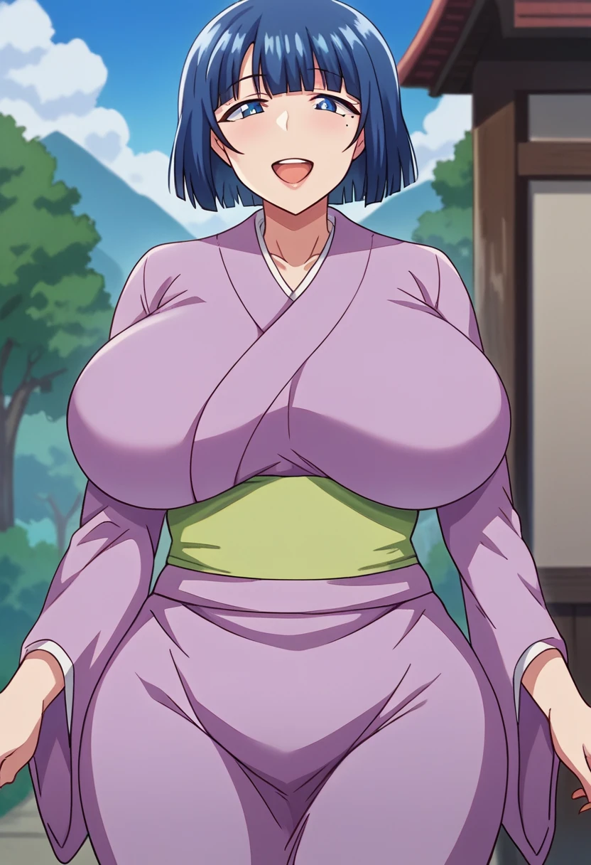 score_9,score_7_up, BREAK source_anime, Yayoi_t, 1girl, solo,blue hair, short hair, blue eyes,mole under eye,purple kimono,obi,huge breasts, cowboy shot, open mouth, smile, outdoors