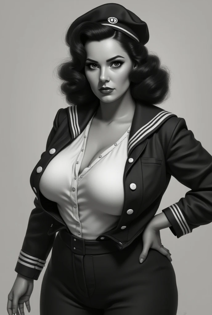 Ein Bild eines beeindruckenden Pin-up-Girls aus der Kriegszeit, gekleidet in ein Retro-inspiriertes Outfit, anmutig posiert in einer nostalgischen Bar aus den 1940er Jahren. The black and white image gives the scene a vintage touch, Capturing the essence of the iconic pin-up art and vintage aesthetic of the time.