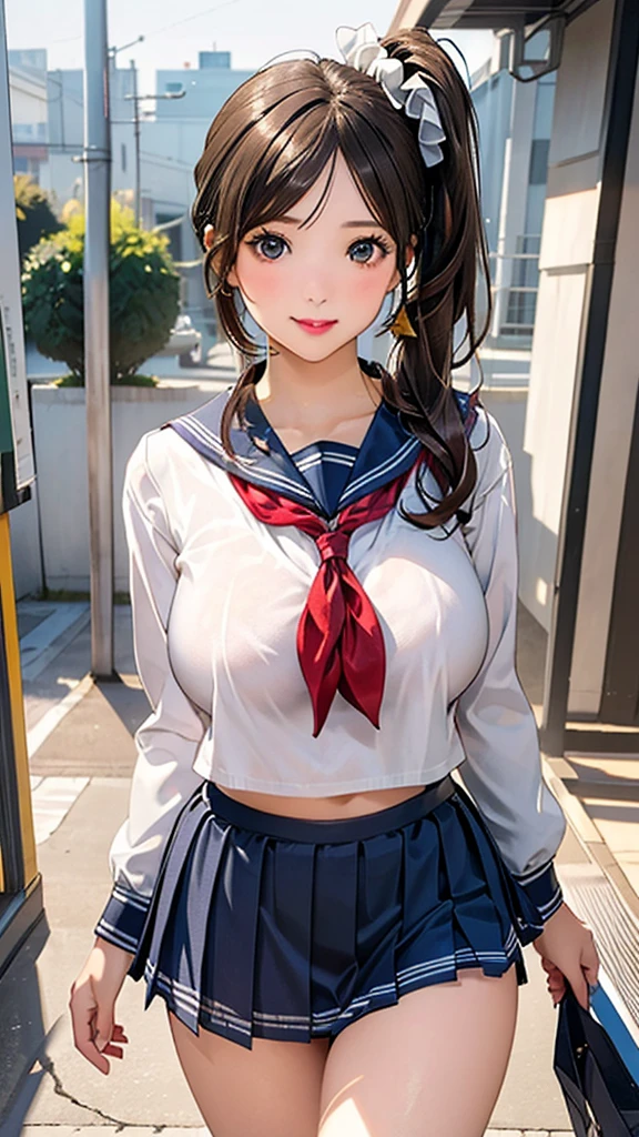 (masterpiece:1.2, top-quality), (realistic, photorealistic:1.4), beautiful illustration, 
looking at viewer, cowboy shot, front view:0.8, 
1 girl, japanese, high school girl, (long hair:1.5), light brown hair, (side ponytail:1.7), large breasts:0.8, 
beautiful hair, beautiful face, beautiful detailed eyes, beautiful clavicle, beautiful body, beautiful chest, beautiful thigh, beautiful legs, beautiful fingers, 
(beautiful scenery), , school,
((cute school uniform, long sleeves, pleated skirt, sailor collar, scarf)), white panties, 
standing, walking, 
smile, ,
Huge Breasts，Nipple showing，lipstick