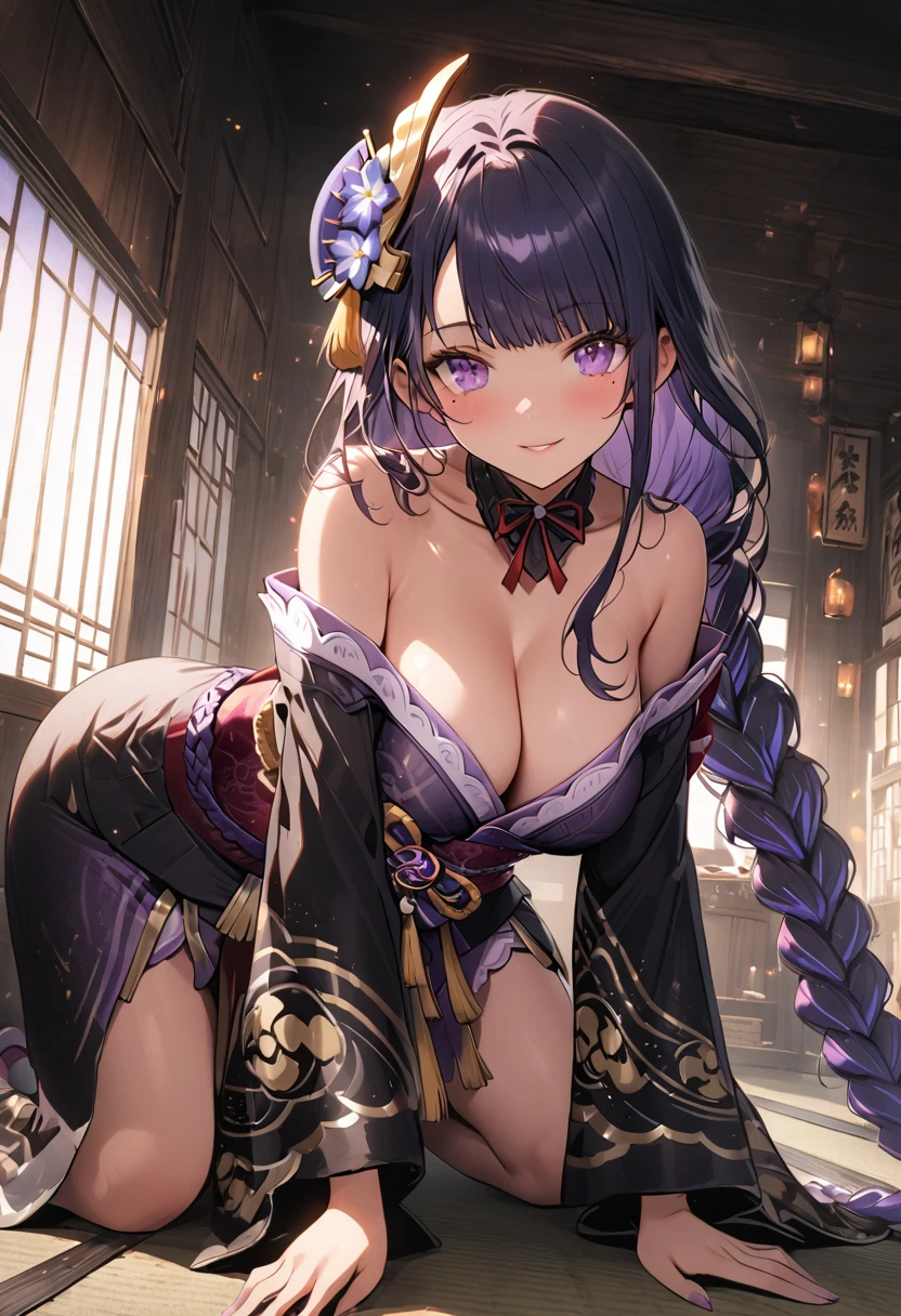 Beautiful flirtatiously smiling, a very busty ronin wearing gold lace kimono, Meiji restoration, blue eyes, focused on the viewer, yojimbo, cleavage, off the shoulders, large breasts, large anime eyes, highly detailed eyes, natural skin, natural skin texture, subsurface scattering, muted colors, skin pores, perfect face, perfect eyes, perfect full lips, supple female form, vivid, cinematic, Film light, masterpiece, atmospheric, High resolution, Vibrant, High contrast, dark angle, 500px, kneeling on a mat in a shoin zukuri style house, full body, anime cover, raiden shogun, braid, braided ponytail, hair flower, hair ornament, long hair, mole, mole under eye, purple eyes, purple flower, purple hair, single braid, sidelocks,