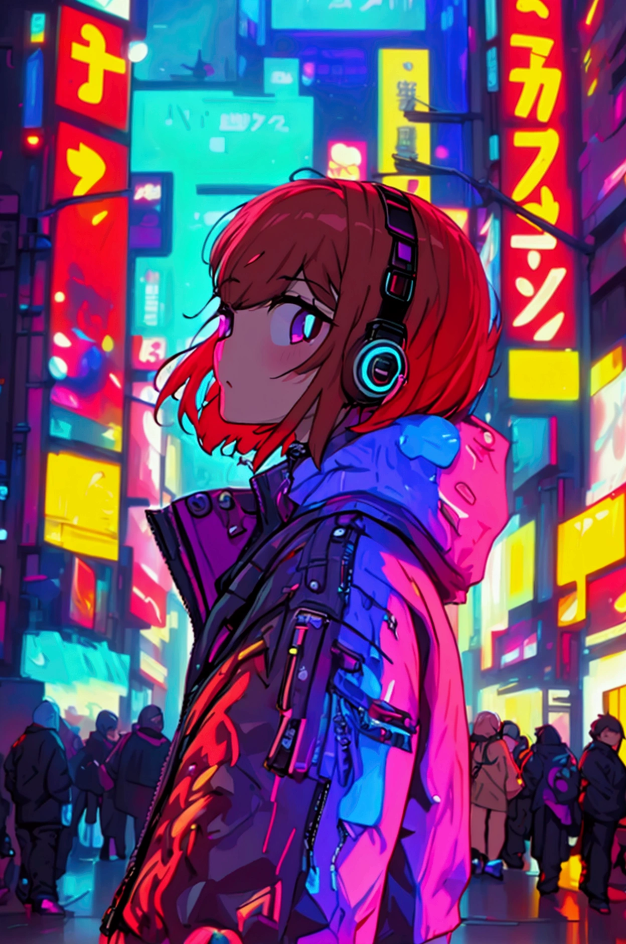 Close-up of a city with a neon sunset in the background, Synthwave City, Vaporwave City, The Aesthetics of Synthwave, Neon city in the background, Background of Neo Tokyo, Neon metropolis background, Futuristic city background, Cyberpunk aesthetic, City background is cyberpunk, Purple Cyberpunk City, Cyberpunk City Background, Cyberpunk aesthetic,  cyberpunk atmosphere , Cyberpunk cityscape,anime cloud, anime background, anime sky, in Xin Haicheng&#39;s style, Beautiful fluffy clouds. anime, Xin Haicheng&#39;s style, Xin Haicheng!, Beautiful anime scenery, based on Makoto Shinkai, anime landscape wallpaper, Xin Haicheng!!, Xin Haicheng&#39;s art style,Japanese girl,Pale skin,Beautiful Face(Purple Hair)Red jacket,Tokyo at Night,  cyberpunk style,Japanese Streetwear,Tokyo Fashion,Cyberpunk 2 Jacket 077,full length,Attractive pose,Bottom View