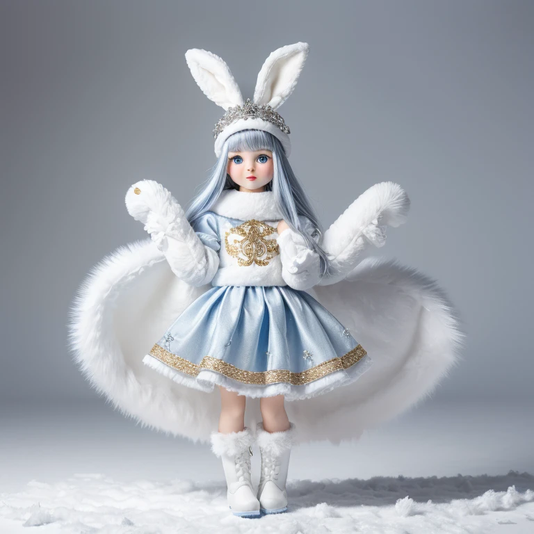 , a hare in the form of Santa Claus , stands in an embroidered red caftan with white fur, boots , With mittens ,  blue pure background ,  hare stands in full height ,on hind legs, white, downy ,  like mink wool , blue doll eyes ,  high snow-white ears , smiles,  on his head, a red-kalpak hat with white fluffy fur, ( coat beautiful ,  embroidered with gold and silver , white fur mittens .  Pale blue skirt ,  white boots with fur , 8 k.12K ,