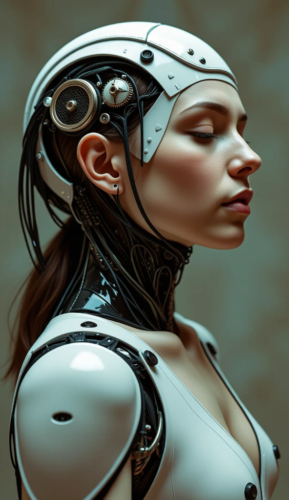 Raw photo, a cyborg android woman with her eyes closed, wires and cables connecting cables, wires and gears and nerves, very detailed, painting by Rembrandt and alphonse mucha, Trending on artstation, ultra realistic digital art