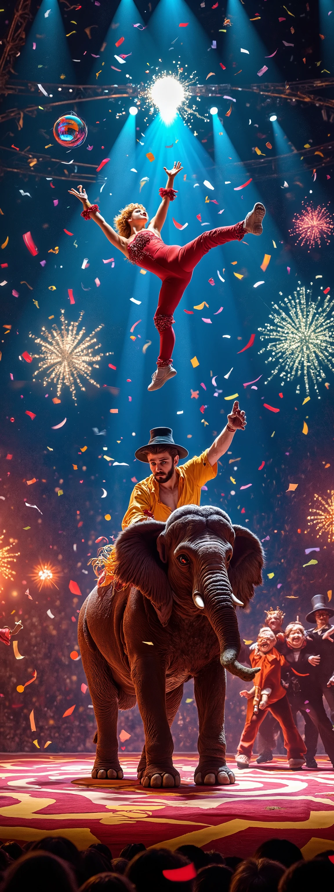 photo of Bolshoi Circus.Circus advertising poster. Very colorful photograph. Effective collage of photos\(flying trapeze.tightrope walker.elephant's ball rider.lion's fire ring walker .clown juggling\). detailed, realistic. many colorful confetti and spotlights and fireworks.