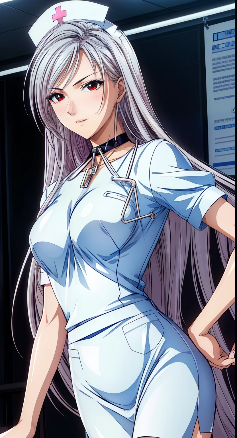 red eyes, (highest quality, masterpiece絵画:1.3), mature woman, 26 years old, (half body shot), masterpiece, Super high resolution, (Photoreal:1.0), silver hair、straight hair, Shiny and beautiful hair, white and shining skin, ((Super realistic details)), octane rendering, highly detailed face,  (big breasts:1.2), ((nurse)), ピンクのnurse服, ((white mini skirt)),  cleavage, perfect body, soft skin, anime face, perfect face, perfect eyes, looking at the viewer, smart, hospital, hospital room,sharp focus, intricate details, professional artwork, (Bright colors:1.1), Bright colors, diffused lighting, digital blending, Super detailed body, ultra detail hair, super detailed face, It&#39;s trending on pixiv, top button opened, shy girl, Cute gaze, compensate, perfect lips, perfect compensate, Super precise painting, (light_smile:0.8)