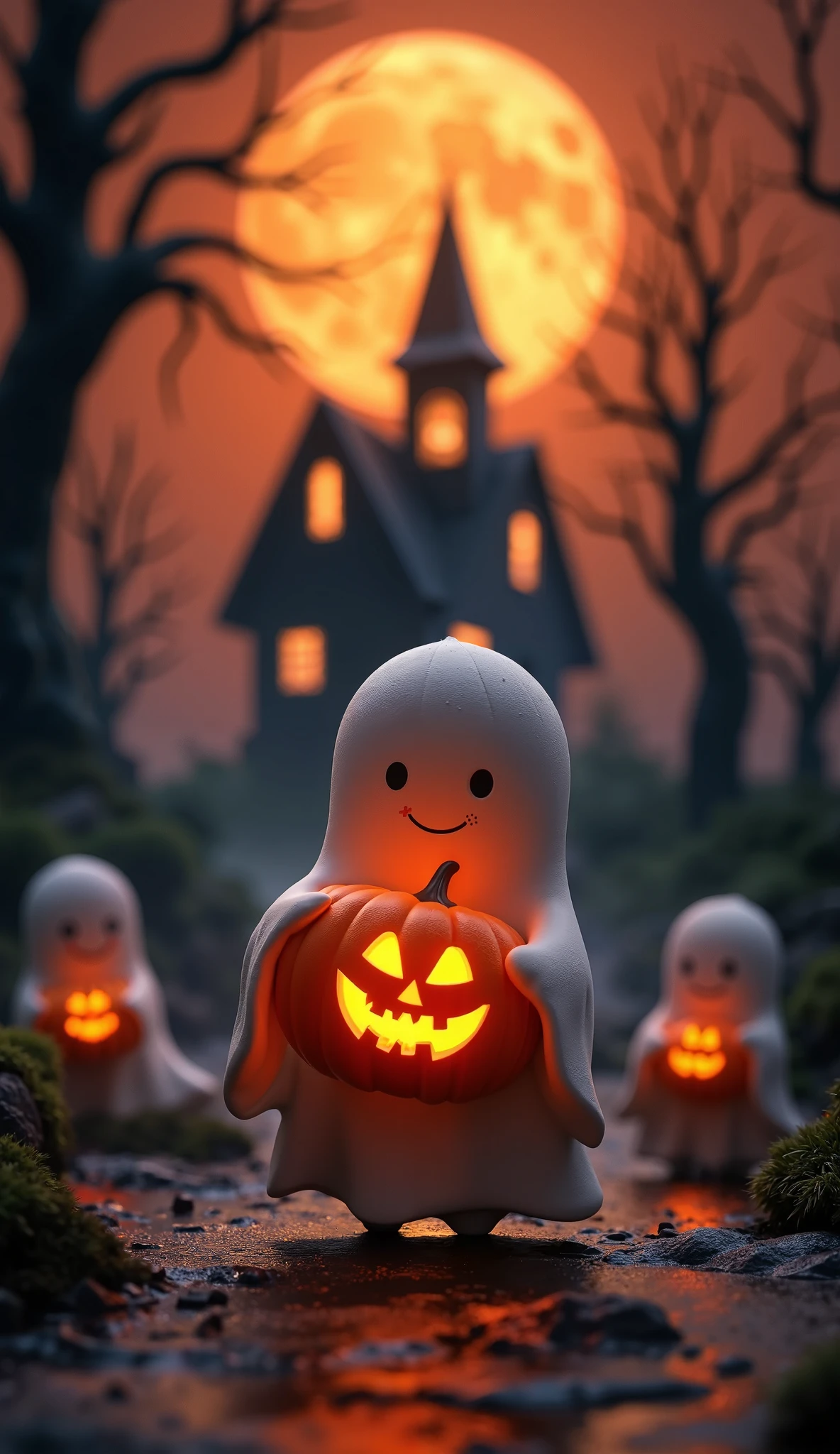 C4D modeling,OC rendering,a halloween C4D poster, a magical scene, jack-o-lantern , A cute little ghost holding a pumpkin lantern,The background is a black house ,cute ghosts, dark night, full moon, orange sky,
(best quality,4K,8k,highres,masterpiece:1.15),ultra-detailed,realistic,photo-realistic:1.37,cinematic lighting,vivid colors,intricate details