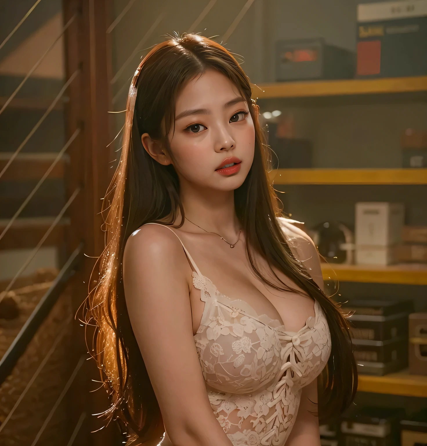 black pink jennie, almond eyes,     full lips, large and voluptuous breasts . flirtatious look