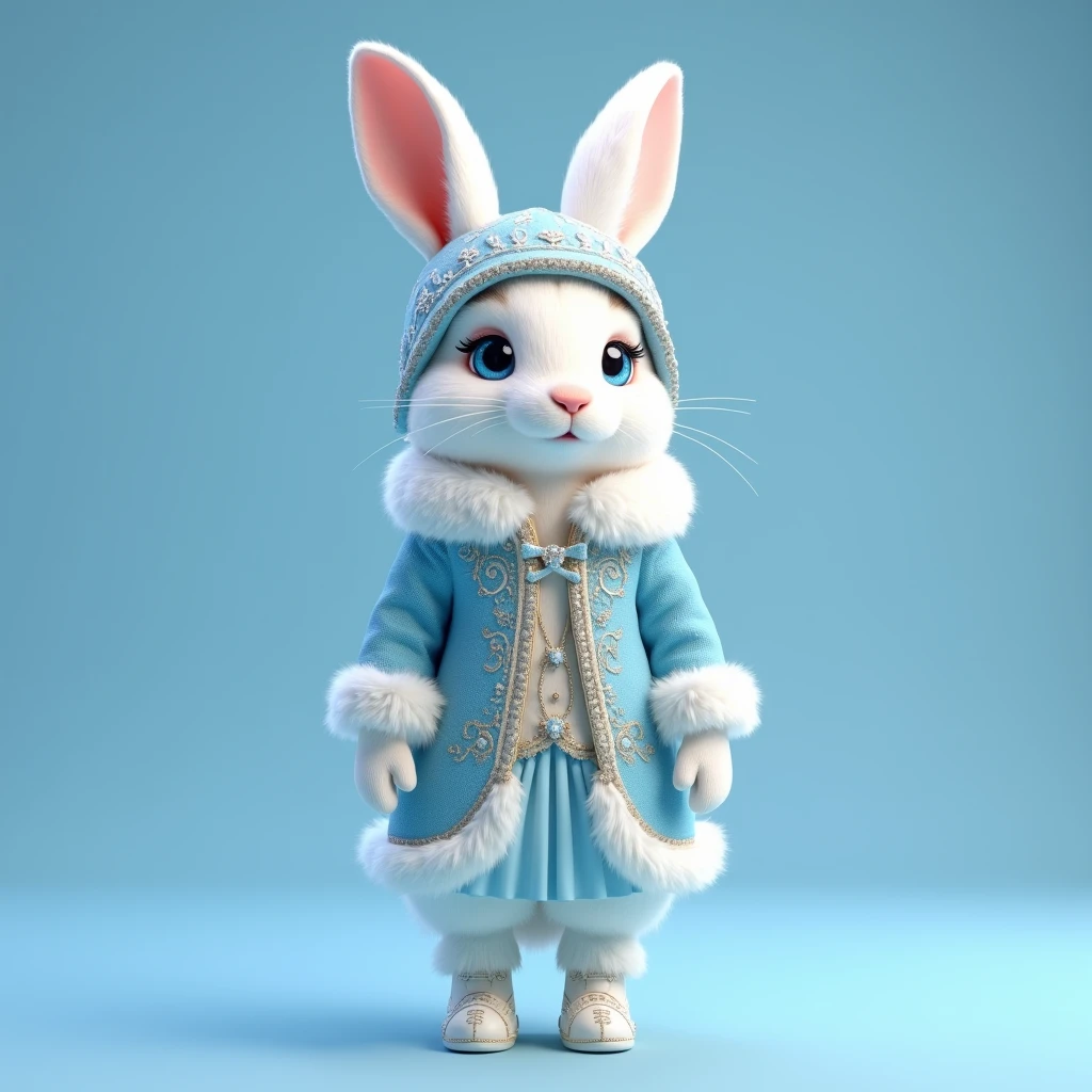 , a hare in the form of Santa Claus , stands in an embroidered red caftan with white fur, boots , With mittens ,  blue pure background ,  hare stands in full height ,on hind legs, white, downy ,  like mink wool , blue doll eyes ,  high snow-white ears , smiles,  on his head, a red-kalpak hat with white fluffy fur, ( coat beautiful ,  embroidered with gold and silver , white fur mittens .  Pale blue skirt ,  white boots with fur , 8 k.12K ,