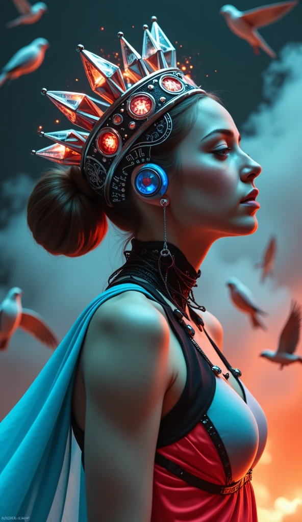 Raw photo, a cyborg android woman with half a head opening exposing circuitry and electric sparks, glowing LEDs, crown of giant diamonds,  flowing neon-colored silk, fabric, raptors. baroque elements. full-length view. baroque element. intricate artwork by caravaggio.  many many birds birds on  background. Trending on artstation, octane render, cinematic lighting 