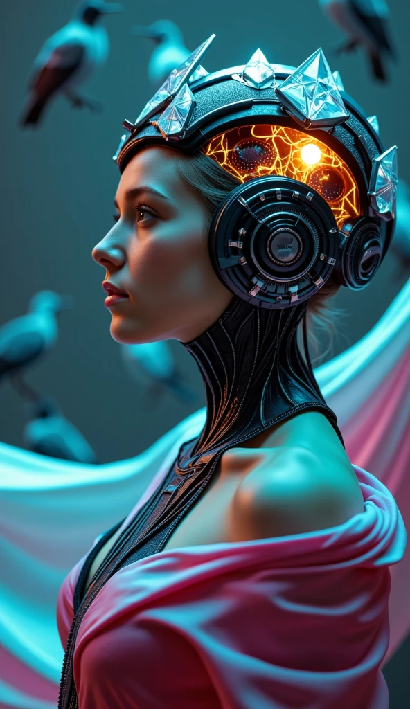 Raw photo, a cyborg android woman with half a head opening exposing circuitry and electric sparks, glowing LEDs, crown of giant diamonds,  flowing neon-colored silk, fabric, raptors. baroque elements. full-length view. baroque element. intricate artwork by caravaggio.  many many birds birds on  background. Trending on artstation, octane render, cinematic lighting 