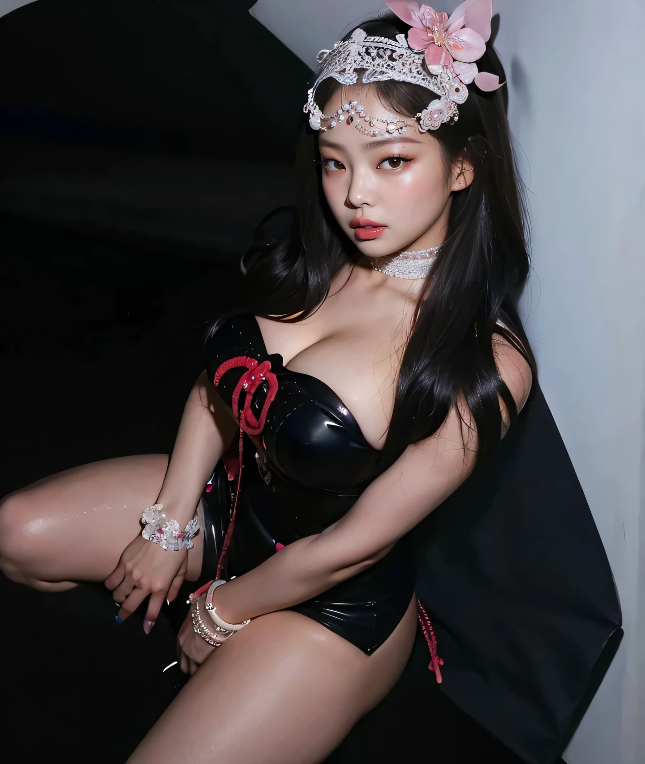 black pink jennie, almond eyes,     full lips, large and voluptuous breasts . flirtatious look