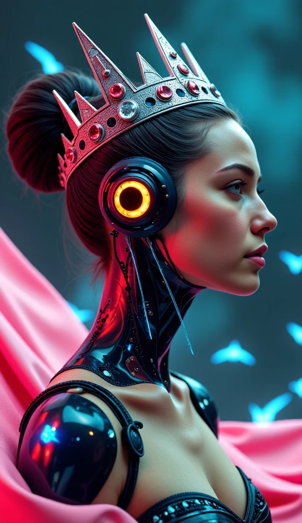 Raw photo, a cyborg android woman with half a head opening exposing circuitry and electric sparks, glowing LEDs, crown of giant diamonds,  flowing neon-colored silk, fabric, raptors. baroque elements. full-length view. baroque element. intricate artwork by caravaggio.  many many birds birds on  background. Trending on artstation, octane render, cinematic lighting 