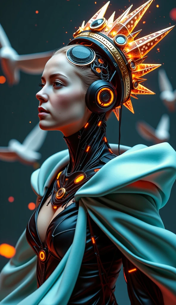 Raw photo, a cyborg android woman with half a head opening exposing circuitry and electric sparks, glowing LEDs, crown of giant diamonds,  flowing neon-colored silk, fabric, raptors. baroque elements. full-length view. baroque element. intricate artwork by caravaggio.  many many birds birds on  background. Trending on artstation, octane render, cinematic lighting 