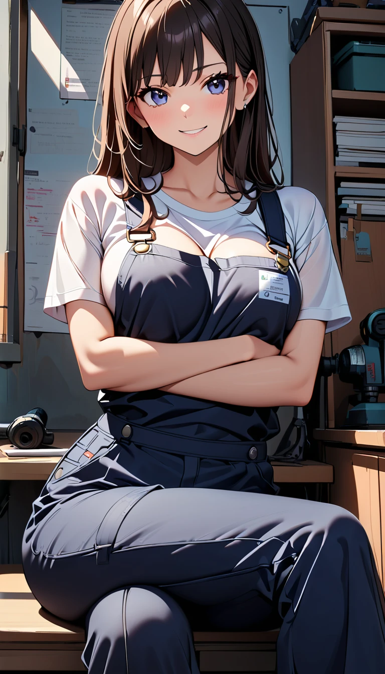 (highest quality:1.2, Very detailed, Latest, Vibrant, Ultra-high resolution, High Contrast, masterpiece:1.2, highest quality, Best aesthetics), Beautiful female mechanic, sexy, Work clothes, Overalls, Best Body Line, Beautiful detailed eyes, A professional and confident smile, Detailed facial features, Elegant hairstyle, Power tools, detailed machine, The work contents written on the wall, A neat and tidy desk, Precision work, Adorable,to cross legs