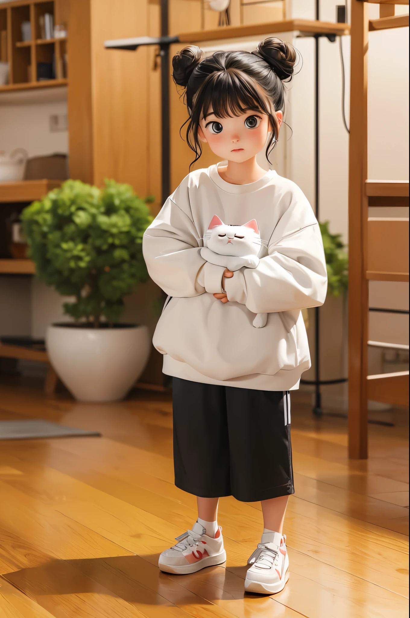 (masterpiece, best quality:1.2), cartoonish character design。1 girl huging a cat, alone，big eyes，Cute funny expression，Two hair curly buns，surisak peatrakul，white sneakers，stand，interesting，interesting，clean lines