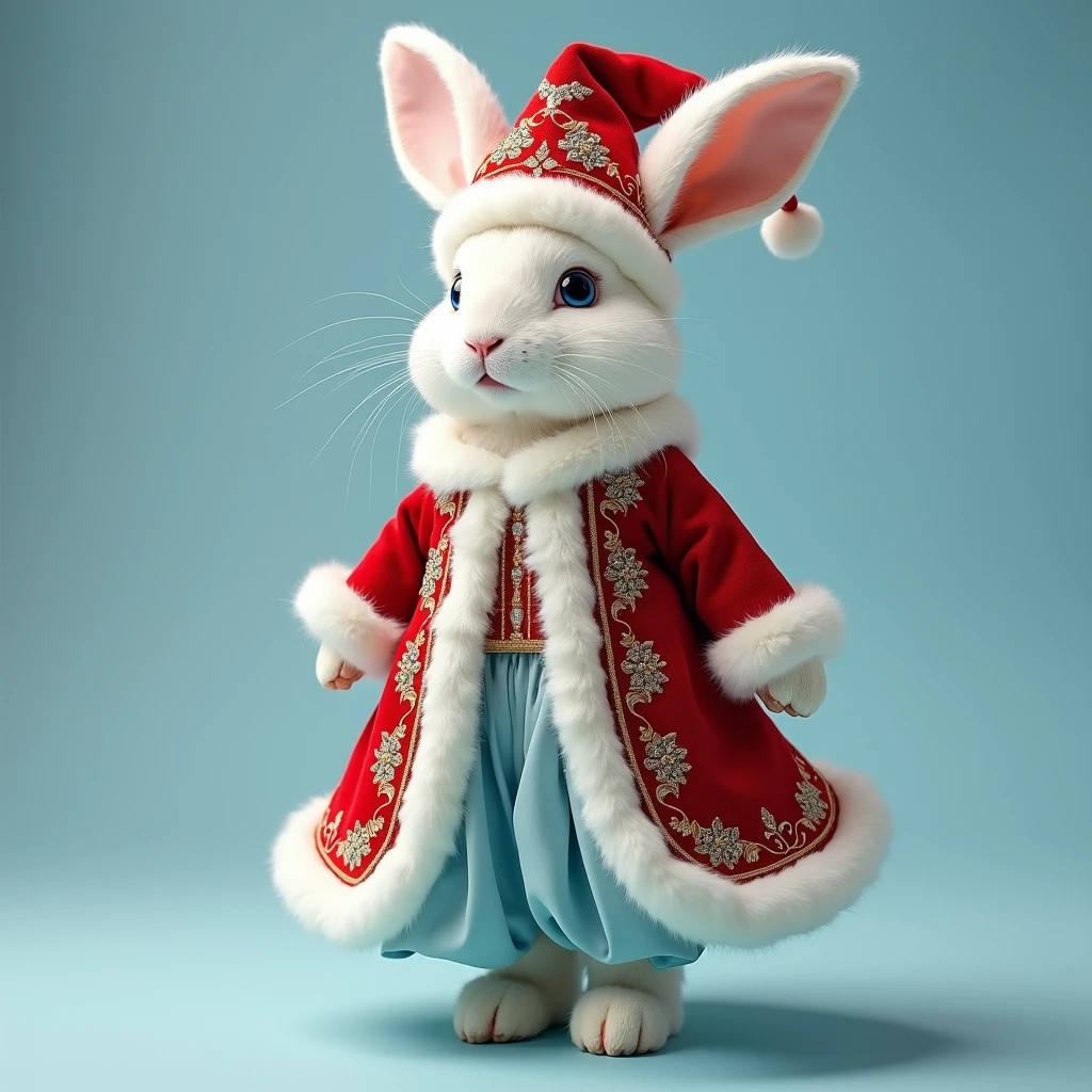 , a hare in the form of Santa Claus , stands in an embroidered red caftan with white fur, boots , With mittens ,  blue pure background ,  hare stands in full height ,on hind legs, white, downy ,  like mink wool , blue doll eyes ,  high snow-white ears , smiles,  on his head, a red-kalpak hat with white fluffy fur, ( coat beautiful ,  embroidered with gold and silver , white fur mittens .  Pale blue skirt ,  white boots with fur , 8 k.12K ,