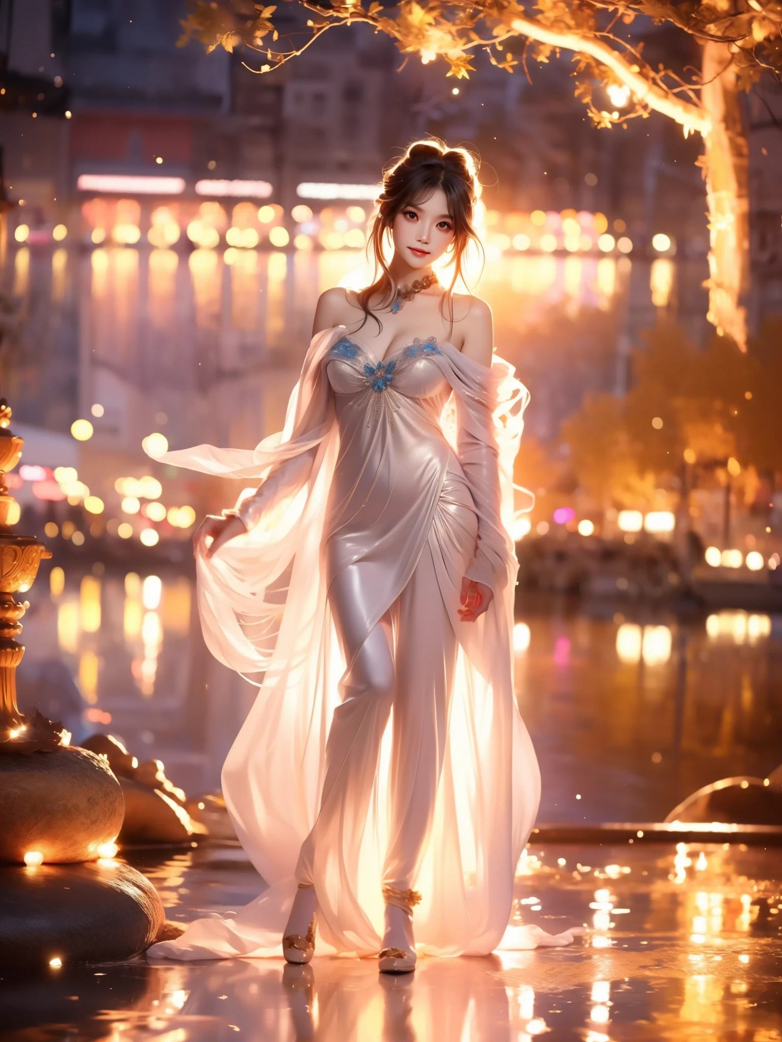 sangonomiya kokomi, (Asian beauty), ((full body)), ((Natural and elegant posture)), (night, starry sky, space scene), (slim athletic figure: 1.1), (visible cleavage: 0.8), (smooth skin, no deformities: 1.2), nvshen, relaxed posture, Sexy long legs, The hemlines are short, head tilted, charming smile, hands gently lifted hemline, long shaggy hair flowing, delicate features: (large bright eyes, long eyelashes: 1.1), mouth slightly upturned, expression gentle and confident, (fidelity: 1.1) 1.2), high detail, soft lighting, warm tones