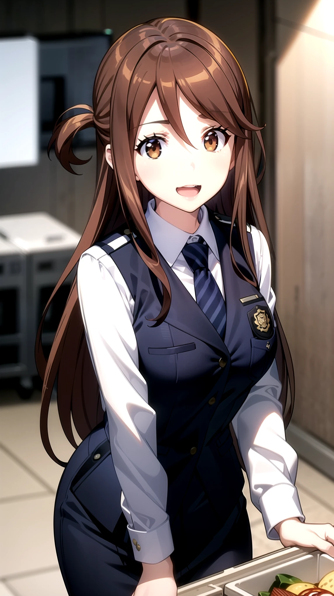 (masterpiece) ( best quality ) ( Details) (8k) ( Kampala) (wallpaper) (Cinema Lighting) (Sharp focus),(RAW Photos),(anime、anime塗り), anatomically correct,Charming random poses
RW Feast, opens her mouth, smile, Brown Eyes , Brown Hair, Long Hair, police uniform , vest, collared shirt, skirt, Blue tie, standing, viewers are watching,Inside the police station