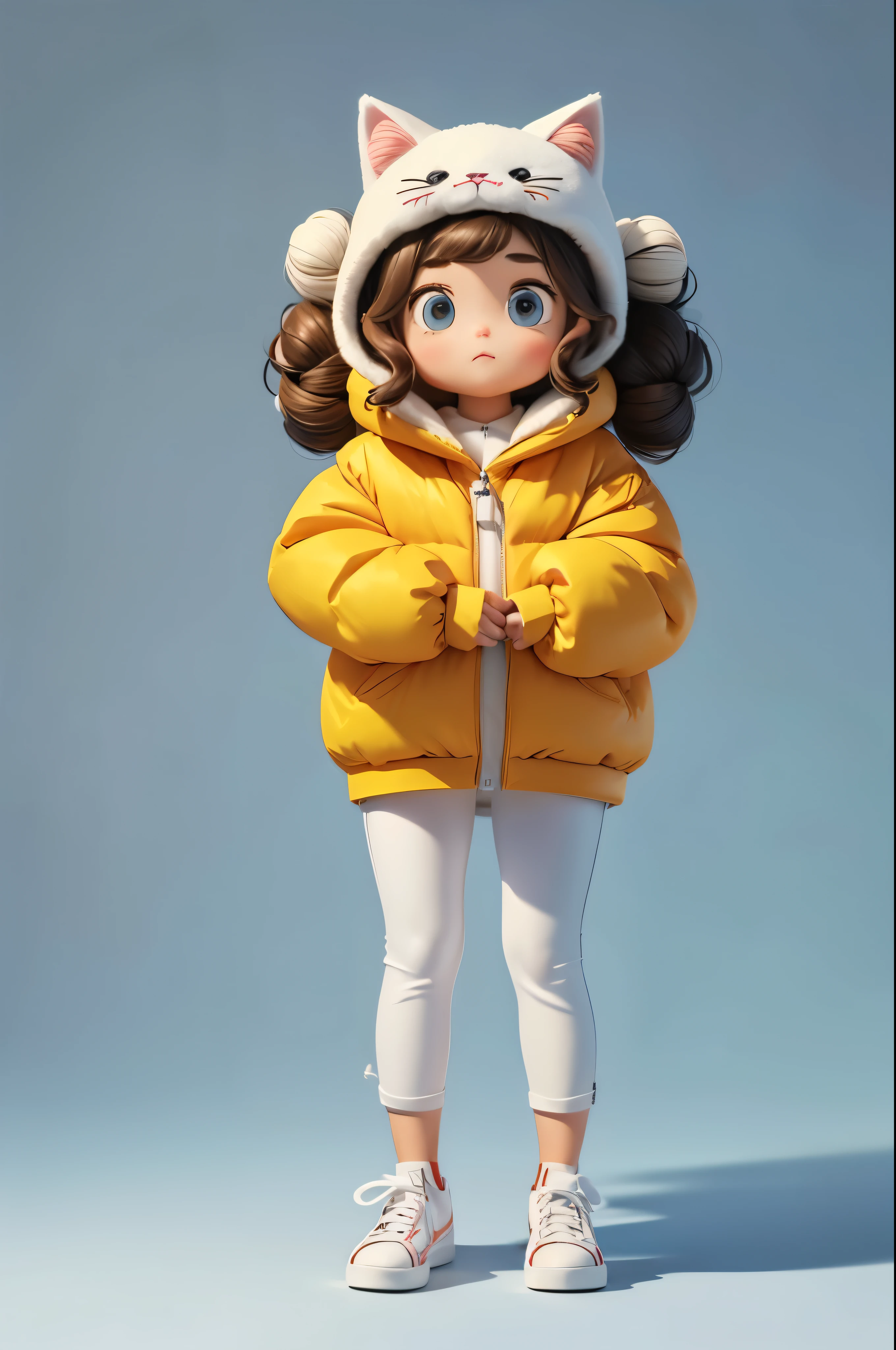 (masterpiece, best quality:1.2), cartoonish character design。1 girl huging a cat, alone，big eyes，Cute funny expression，Two hair curly buns，surisak peatrakul，white sneakers，stand，interesting，interesting，clean lines