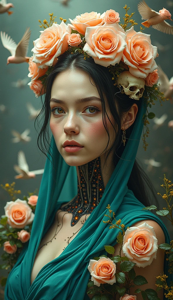 Raw photo, a cyborg android woman with a head opening exposing circuitry, glowing veins and electric sparks, crown of mechanical peach roses,  flowing teal-colored silk, fabric, flowers. baroque elements, human skull. full-length view. baroque element. intricate artwork by caravaggio.  many many birds birds on  background. Trend