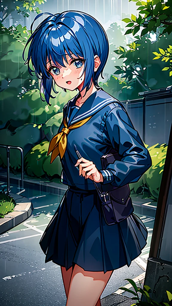 , Wet Uniform, Indigo Hair,  short hair, heavy rain, running, Saki Nijino