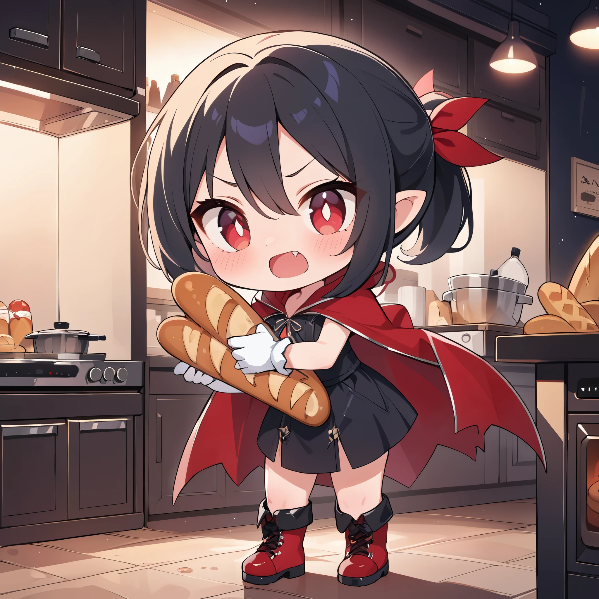 (masterpiece, best quality:1.2), super detailed, 2D artwork, chibi, kawaii, cute, 1girl, (vampire fang:1.2), (shocked), black hair, short ponytail with red ribbons, red eyes, beautiful eyes, (snake pupils), pointy ears, black sundress with red cloak, high leather boots, (oven gloves), standing pose, (holding a burned baguette:1.2), bakery background, indoor, at night, HD, 4K, negativeXL_D