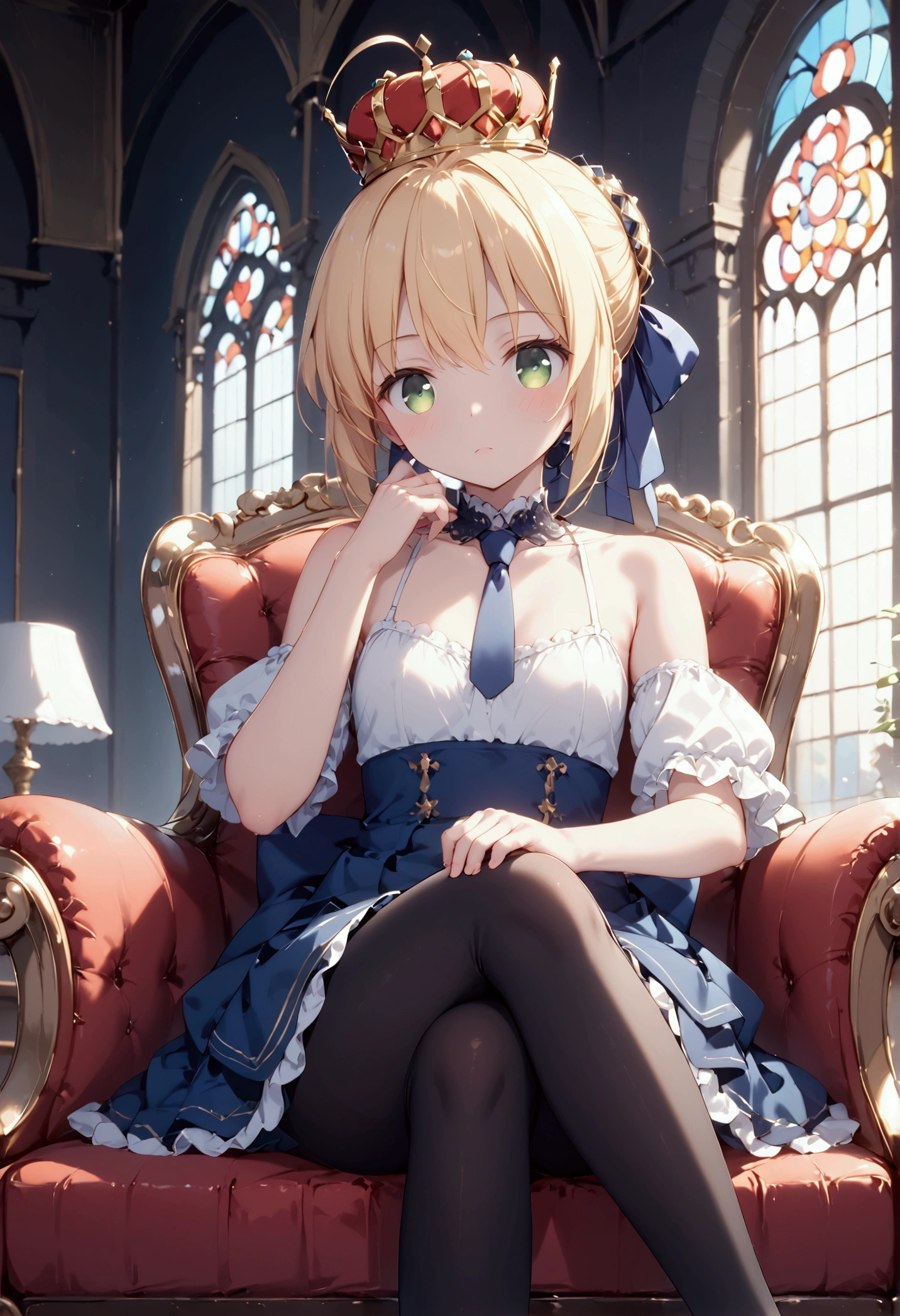   High image quality   、masterpiece、  high quality、    Kampala  、 clear、Full HD、4K、 front view、Crossing your legs、Small breasts、Ahoge、Blonde、Tie your hair back with a blue ribbon、Green Eyes、delicate、  stares at you、naked、Black tights、 solid white blouse、Blue short skirt、Blue ribbon on chest、Inside the castle、Sitting on the king's chair、Place your hands on the elbow rest、red baby crown on the head