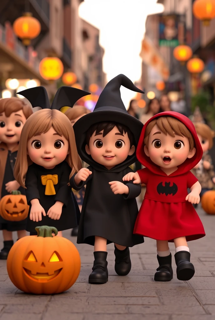 A group of ren in Halloween costumes walking through the streets, cute, 3D animation, 8K quality, ren wearing costumes, pumpkins, jack-o-lanterns, trick-or-treating, smiling faces, vibrant colors, playful expressions, detailed textures, soft lighting, whimsical atmosphere, photorealistic, dynamic poses, intricate details, masterpiece, ultra-detailed