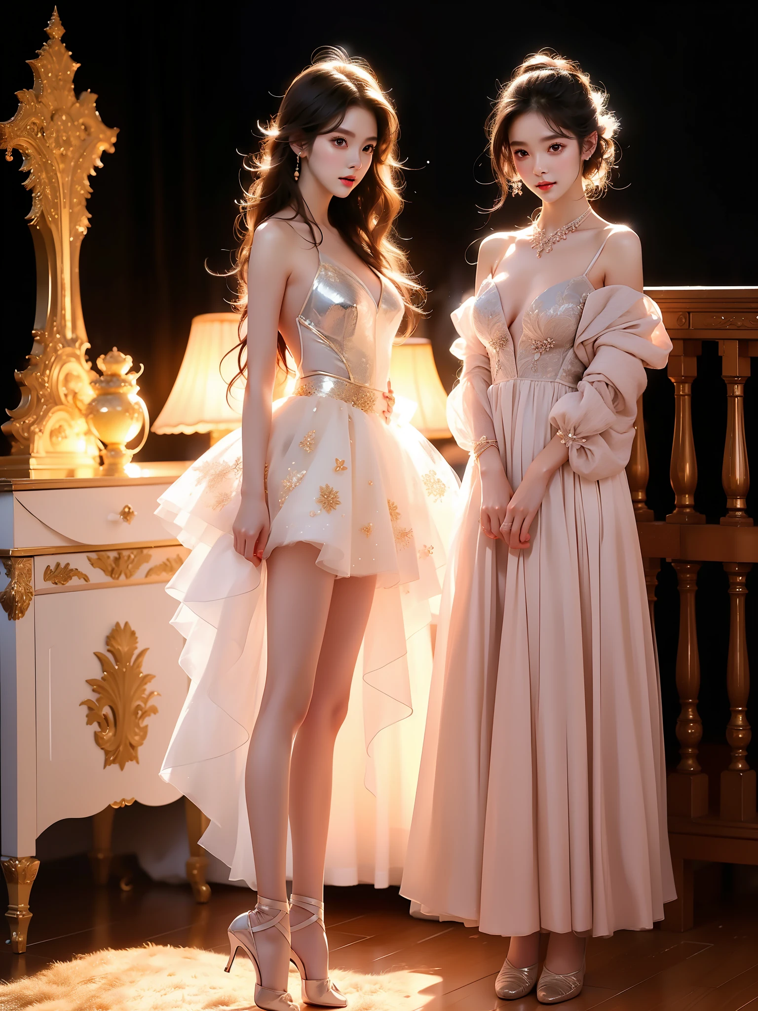 tutu, (Asian beauty), ((full body)), ((Natural and elegant posture)), (night, starry sky, space scene), (slim athletic figure: 1.1), (visible cleavage: 0.8), (smooth skin, no deformities: 1.2), nvshen, relaxed posture, Sexy long legs, The hemlines are short, head tilted, charming smile, hands gently lifted hemline, long shaggy hair flowing, delicate features: (large bright eyes, long eyelashes: 1.1), mouth slightly upturned, expression gentle and confident, (fidelity: 1.1) 1.2), high detail, soft lighting, warm tones