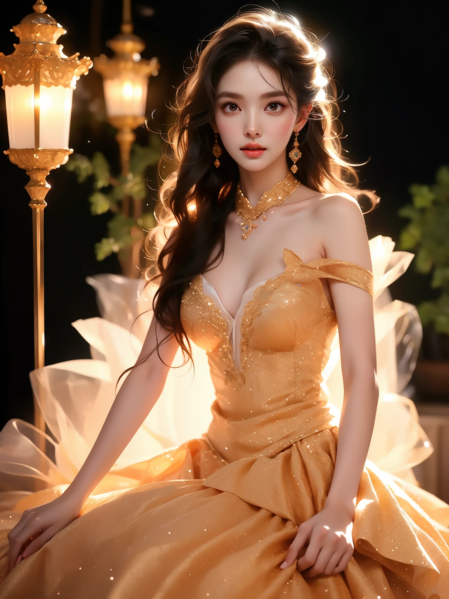 tutu, (Asian beauty), ((full body)), ((Natural and elegant posture)), (night, starry sky, space scene), (slim athletic figure: 1.1), (visible cleavage: 0.8), (smooth skin, no deformities: 1.2), nvshen, relaxed posture, Sexy long legs, The hemlines are short, head tilted, charming smile, hands gently lifted hemline, long shaggy hair flowing, delicate features: (large bright eyes, long eyelashes: 1.1), mouth slightly upturned, expression gentle and confident, (fidelity: 1.1) 1.2), high detail, soft lighting, warm tones