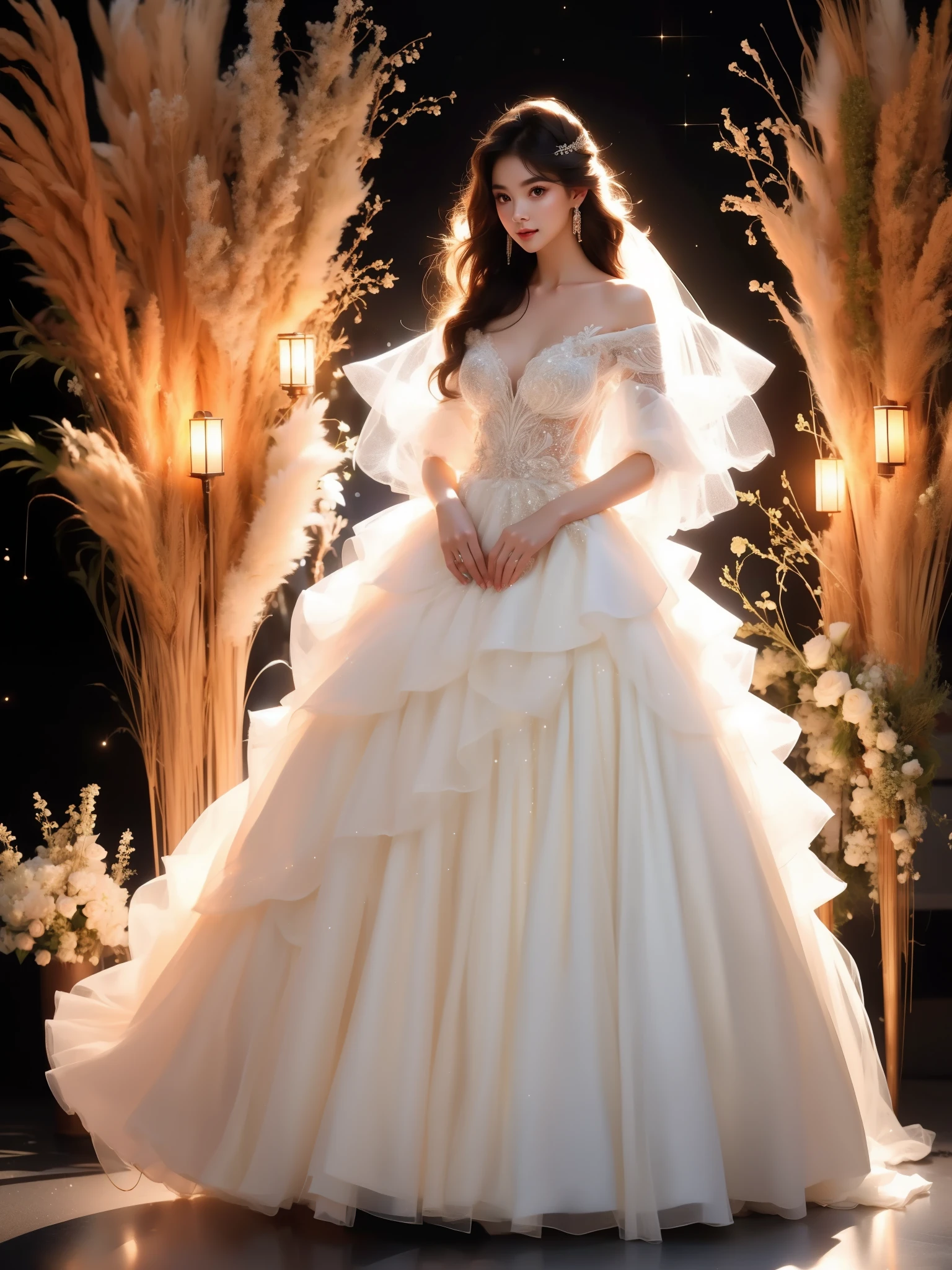 wedding dress, (Asian beauty), ((full body)), ((Natural and elegant posture)), (night, starry sky, space scene), (slim athletic figure: 1.1), (visible cleavage: 0.8), (smooth skin, no deformities: 1.2), nvshen, relaxed posture, Sexy long legs, The hemlines are short, head tilted, charming smile, hands gently lifted hemline, long shaggy hair flowing, delicate features: (large bright eyes, long eyelashes: 1.1), mouth slightly upturned, expression gentle and confident, (fidelity: 1.1) 1.2), high detail, soft lighting, warm tones