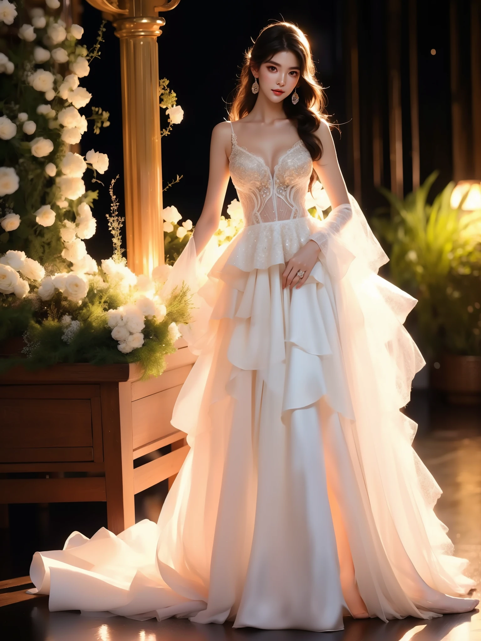 wedding dress, (Asian beauty), ((full body)), ((Natural and elegant posture)), (night, starry sky, space scene), (slim athletic figure: 1.1), (visible cleavage: 0.8), (smooth skin, no deformities: 1.2), nvshen, relaxed posture, Sexy long legs, The hemlines are short, head tilted, charming smile, hands gently lifted hemline, long shaggy hair flowing, delicate features: (large bright eyes, long eyelashes: 1.1), mouth slightly upturned, expression gentle and confident, (fidelity: 1.1) 1.2), high detail, soft lighting, warm tones