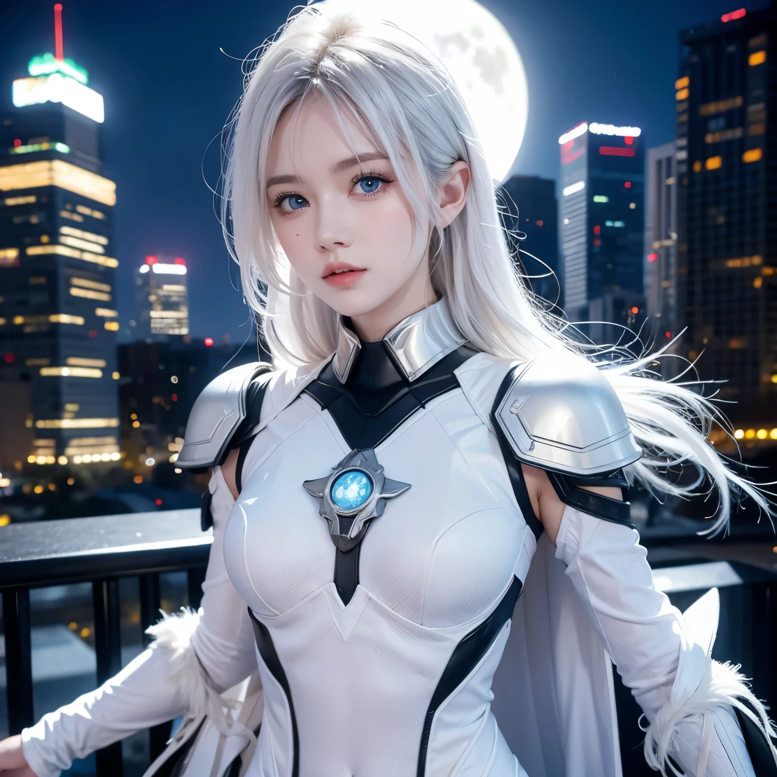 (masterpiece, 4K resolution, Hyper-Reality,  is very detailed ), (white costume superhero theme, Extraordinary charm, Girl on top of the city, Wearing White Knight costume, Superwoman), [((23 years old), ( White hair :1.2), whole body, (Blue Eyes:1.2), (Dynamic poses) ((Urban Environment):0.8)| (Cityscape, at night, Dynamic Lighting), (Full Moon))]