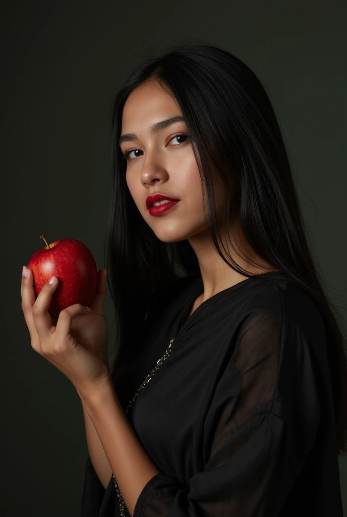 ((RAW Photo), absurd, (absurdresolution)), masterpiece, best quality, (Extremely detailed 8k unity CG wallpaper), (best illustration), (best shadow), Realistic lighting, beautiful detailed glow, ((21 years old)), girl, long black hair, black queen, accessories, apple in hand, poisoned apples, witch queen, red lipstick, (((Photographic Perspective of her)))