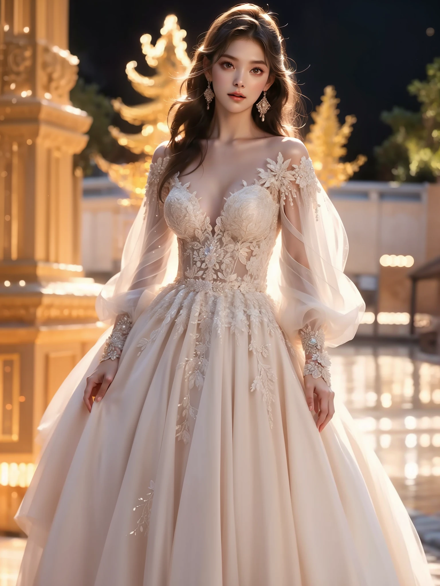 wedding dress, (Asian beauty), ((full body)), ((Natural and elegant posture)), (night, starry sky, space scene), (slim athletic figure: 1.1), (visible cleavage: 0.8), (smooth skin, no deformities: 1.2), nvshen, relaxed posture, Sexy long legs, The hemlines are short, head tilted, charming smile, hands gently lifted hemline, long shaggy hair flowing, delicate features: (large bright eyes, long eyelashes: 1.1), mouth slightly upturned, expression gentle and confident, (fidelity: 1.1) 1.2), high detail, soft lighting, warm tones