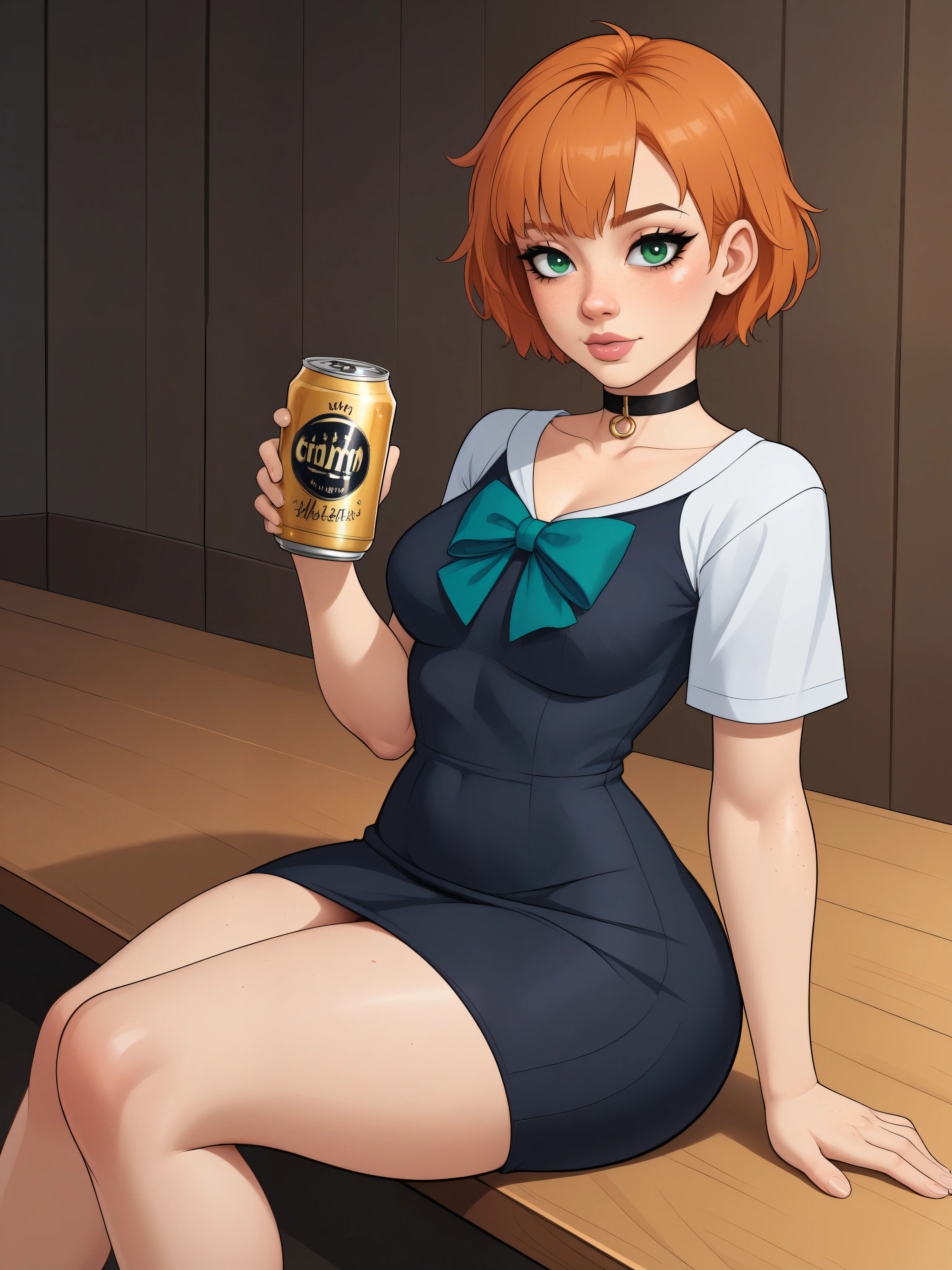 Gwen Tennyson. 1girl. ginger. short hair. green eyes. light pink lips. black makeup. freckles. small sagging breasts. HUGE hips. ASS. slim body. choker. canned beer. school DRESS. skirt. shirt. bow. SITTING