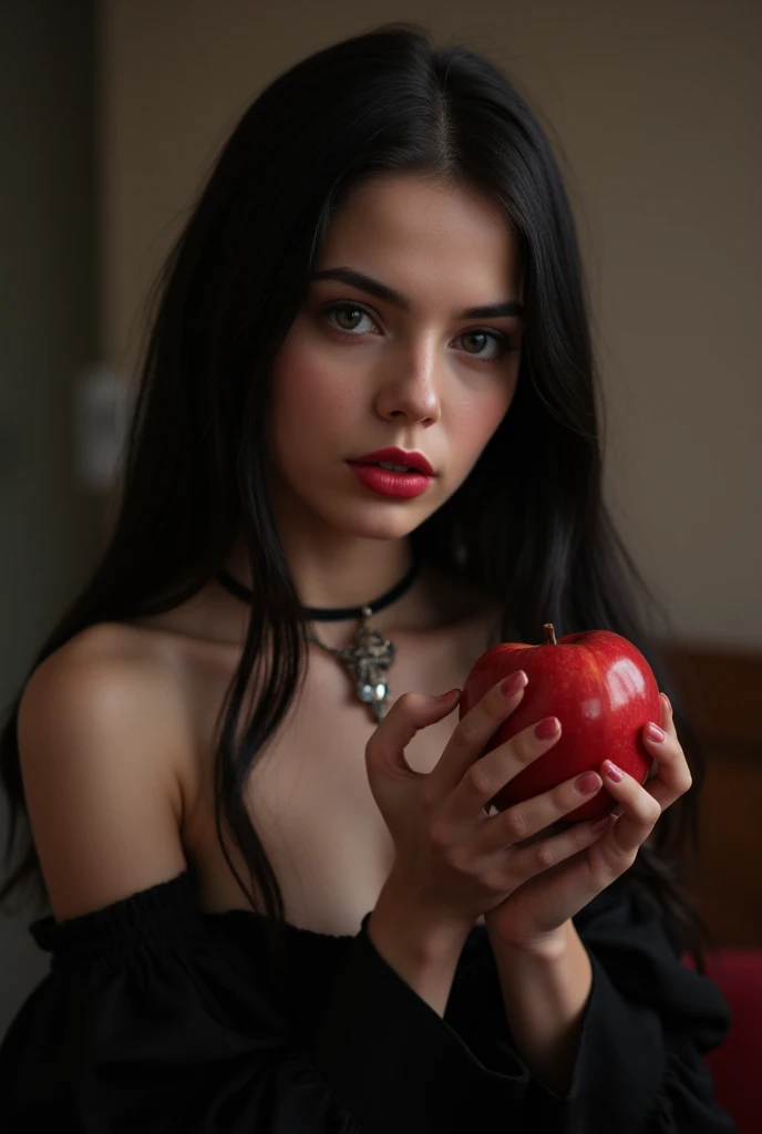 ((RAW Photo), absurd, (absurdresolution)), masterpiece, best quality, (Extremely detailed 8k unity CG wallpaper), (best illustration), (best shadow), Realistic lighting, beautiful detailed glow, ((21 years old)), girl, long black hair, black queen, accessories, apple in hand, poisoned apples, witch queen, red lipstick, (((Photographic Perspective of her)))