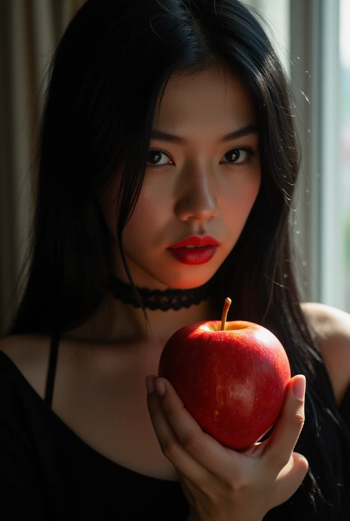 ((RAW Photo), absurd, (absurdresolution)), masterpiece, best quality, (Extremely detailed 8k unity CG wallpaper), (best illustration), (best shadow), Realistic lighting, beautiful detailed glow, ((21 years old)), girl, long black hair, black queen, accessories, apple in hand, poisoned apples, witch queen, red lipstick, (((Photographic Perspective of her)))