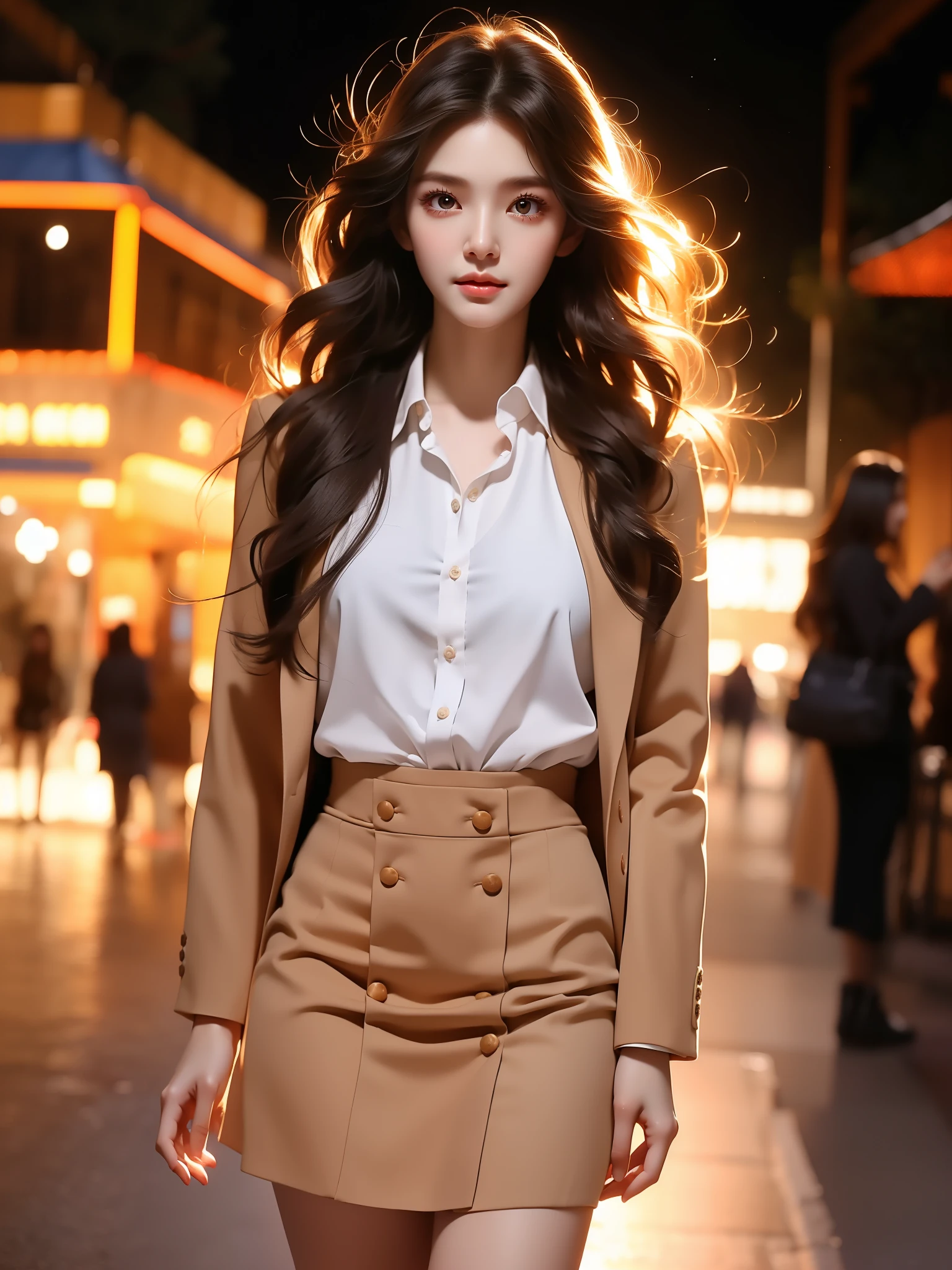 xiaofu,school uniform,shirt,skirt,, (Asian beauty), ((full body)), ((Natural and elegant posture)), (night, starry sky, space scene), (slim athletic figure: 1.1), (visible cleavage: 0.8), (smooth skin, no deformities: 1.2), nvshen, relaxed posture, Sexy long legs, The hemlines are short, head tilted, charming smile, hands gently lifted hemline, long shaggy hair flowing, delicate features: (large bright eyes, long eyelashes: 1.1), mouth slightly upturned, expression gentle and confident, (fidelity: 1.1) 1.2), high detail, soft lighting, warm tones