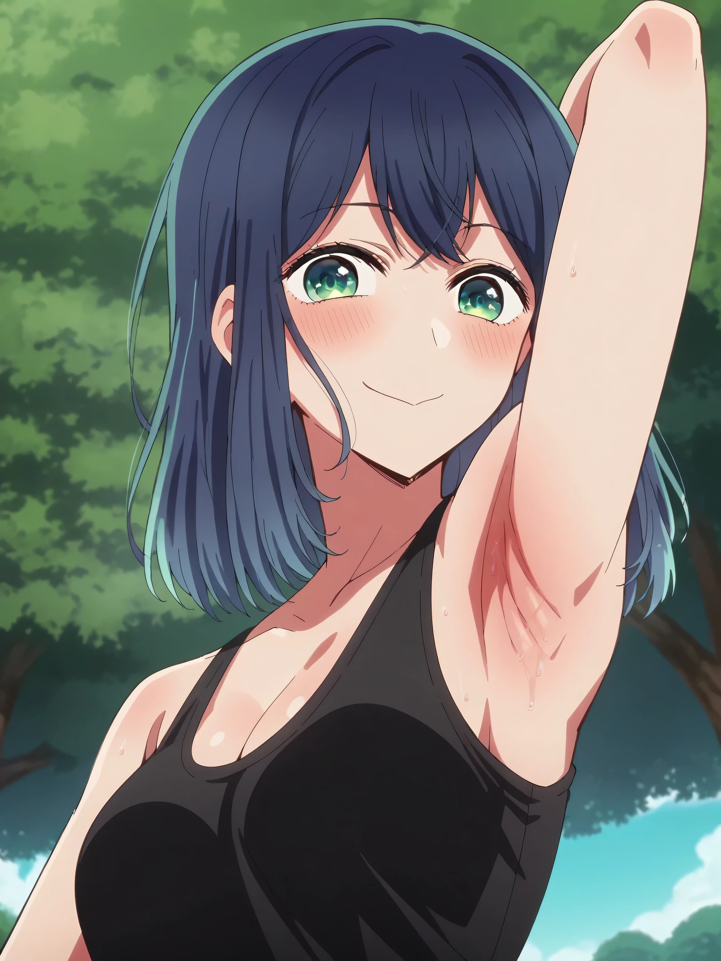 score_9, score_8_up, score_7_up, score_6_up, score_5_up, source_anime, anime screencap, 1girl, solo, akane kurokawa, bangs, green eyes, blue hair, medium hair, dark blue hair, black tank top, cleavage, sleeveless, looking at viewer, head towards viewer, arm behind head, armpit, smile, closed mouth, medium breasts, outdoors, day, park, from side, from below, (sweaty:0.6), blush