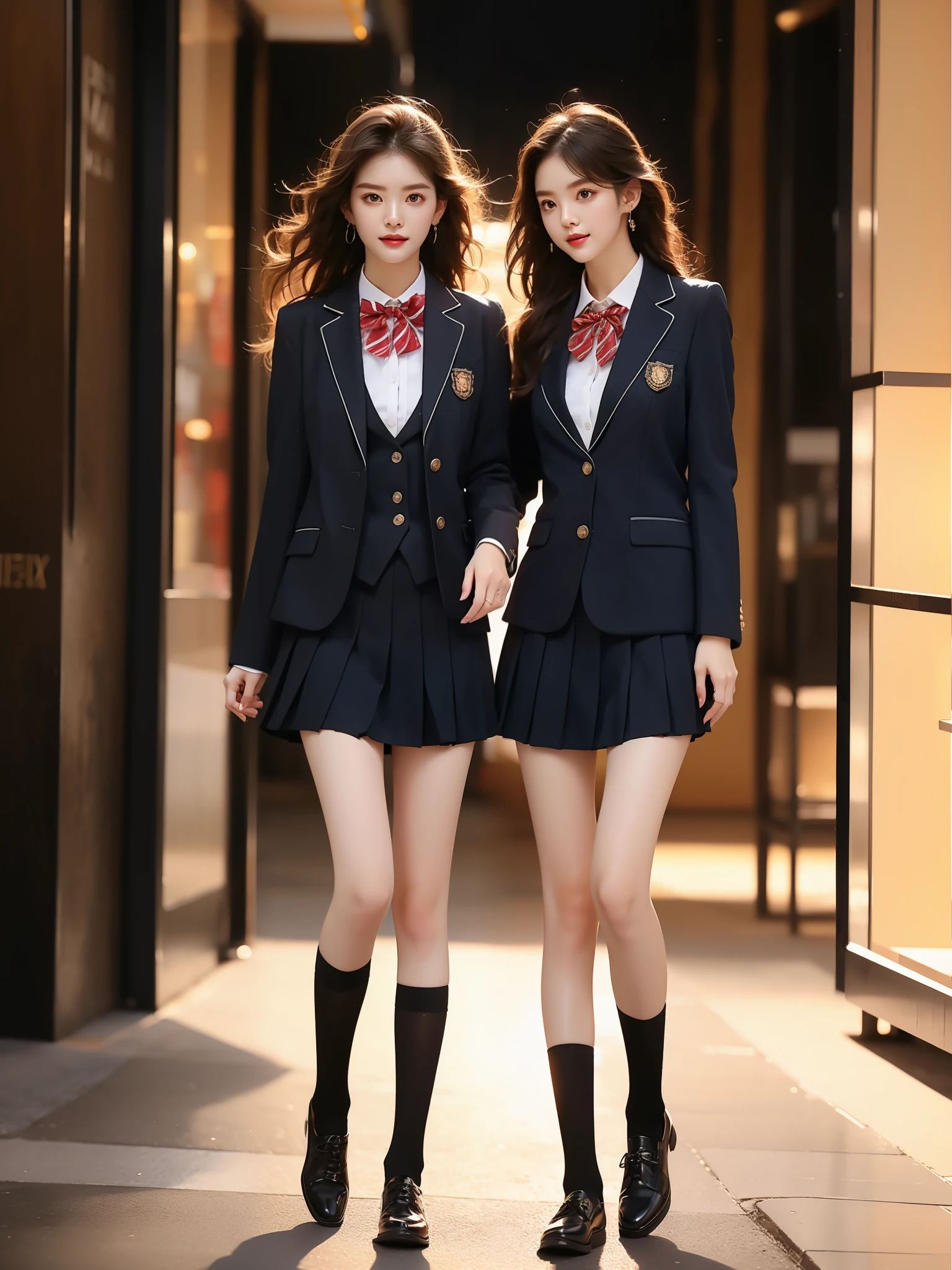 school uniform,
collared shirt,striped necktie, vest, long sleeves, pants,buttons,badge, shoes,watch,
collared shirt,striped bowtie, blazer, jacket, long sleeves, pleated skirt,buttons,badge, thighhighs, high heels,, (Asian beauty), ((full body)), ((Natural and elegant posture)), (night, starry sky, space scene), (slim athletic figure: 1.1), (visible cleavage: 0.8), (smooth skin, no deformities: 1.2), nvshen, relaxed posture, Sexy long legs, The hemlines are short, head tilted, charming smile, hands gently lifted hemline, long shaggy hair flowing, delicate features: (large bright eyes, long eyelashes: 1.1), mouth slightly upturned, expression gentle and confident, (fidelity: 1.1) 1.2), high detail, soft lighting, warm tones