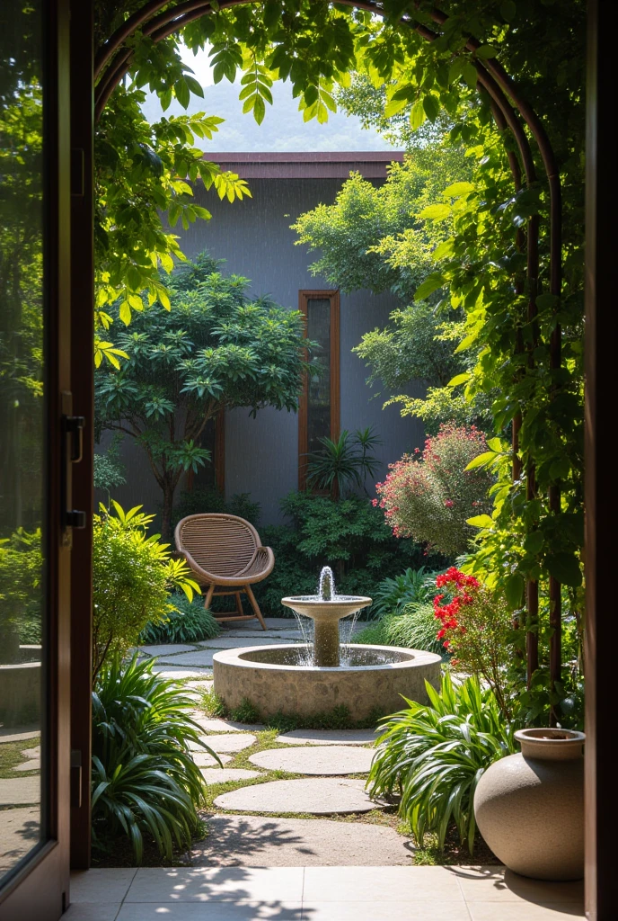 masterpiece, best quality, 8k, ultra highres，Reallightandshadow，Take a leisurely walk，Come to the private courtyard of this villa，It's like entering a fairyland-like garden。Lush greenery surrounds the surroundings，The flowers bloom luxuriantly，The rich floral fragrance comes to the nose；Small and delicate fountain，The water column is like jade，Spread with fine droplets of water，It's like a fountain of spirit。Sit on an elegant rattan chair，A drizzle brushes your cheeks，It's like being in a fairytale world，Happy mind，The years are quiet。