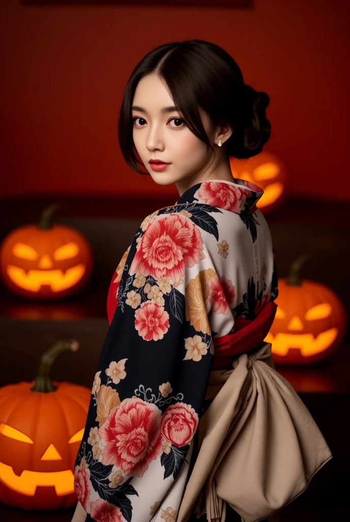 a beautiful japanese woman wearing a kimono, looking back, with a halloween jack-o'-lantern pumpkin beside her, surreal, (best quality,4k,8k,highres,masterpiece:1.2),ultra-detailed,(realistic,photorealistic,photo-realistic:1.37),elegant kimono, intricate kimono patterns, delicate facial features, mesmerizing eyes, striking makeup, graceful pose, moody lighting, vivid colors,cinematic lighting