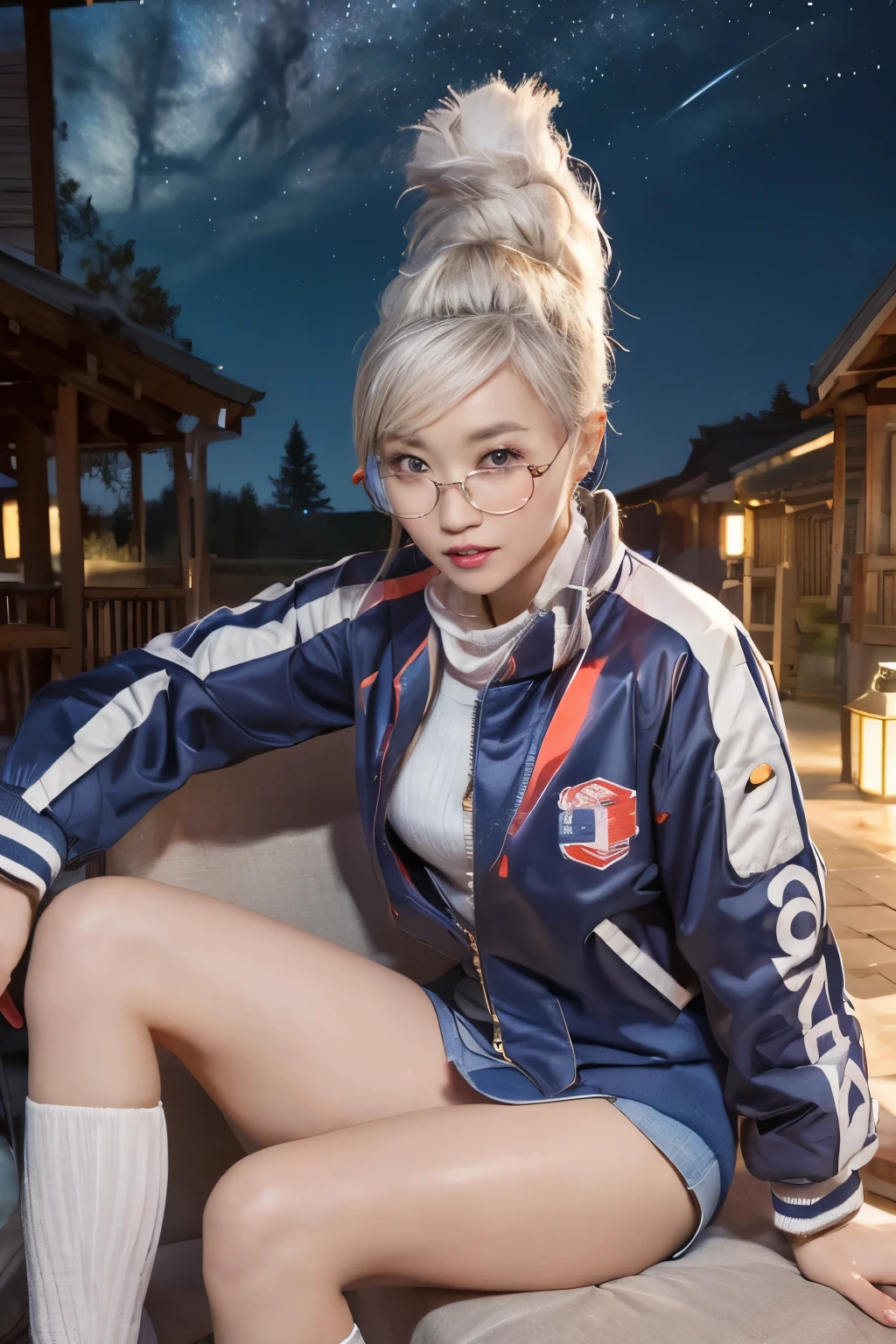 (((Night view)))、((Beautiful starry sky、winter、in the country))、(sit on chair),Outdoor、 (smoking),(red small square flame glasses) ,(((Front open track jacket)))、(((mini skirt)))、(high socks)、silver color hair、High resolution、RAW Photosgraphy、Highest quality、masterpiece、erotic,White skin,Highest quality、High resolution,RAW Photos,One person、40 old Japanese women,（Realistic：1.4）、Photon Mapping、Realistic、Beautiful woman、Physics-based only dulling、Depth of field rally background、Glossy Lips