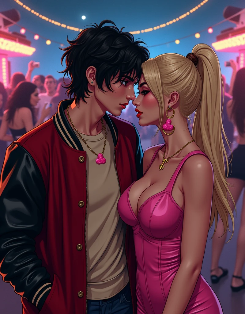 Anime style Evil supervillainess with blonde hair and sapphire eyes, wearing a pink tube top with a black heart on it. She is kissing a hero with red hair, wearing a black leather jacket over a blue shirt. and taking over his mind.
