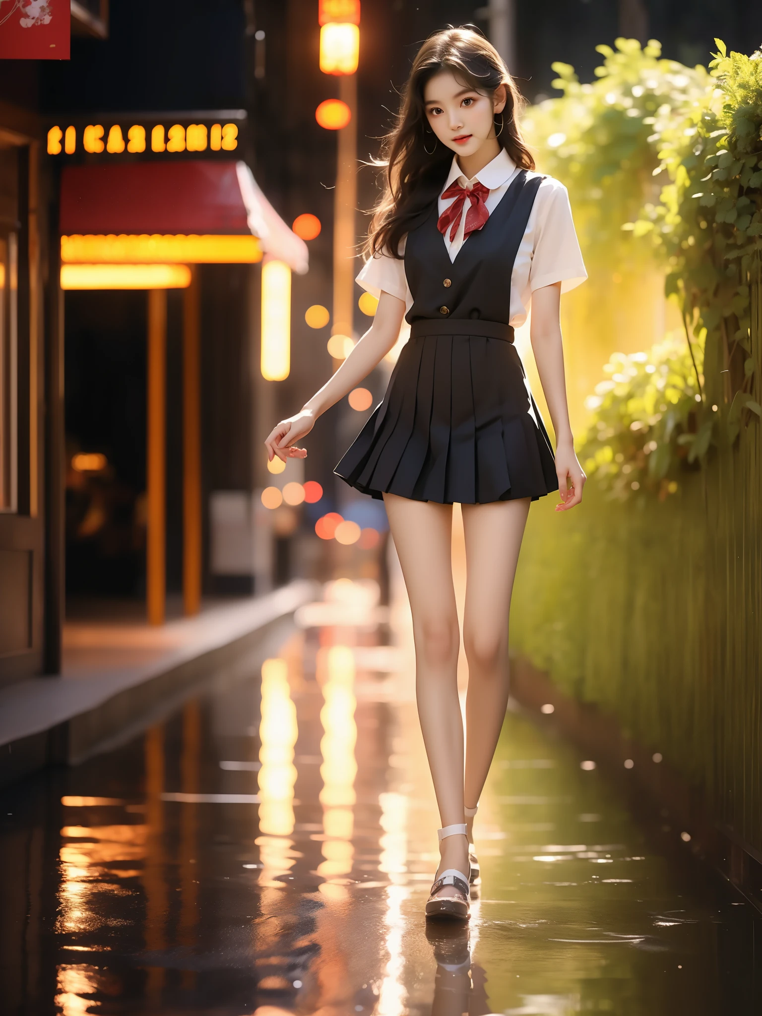 school uniform,
hair band,collared shirt, pinafore dress, pleated skirt, long skirt, short sleeves, neck ribbon, badge,
Scope of License:
 (Asian Beauty), ((full body)), ((Natural and elegant posture)), (night, starry sky, space scene), (slim athletic figure: 1.1), (visible cleavage: 0.8), (smooth skin, No deformities: 1.2), nvshen, relaxed posture, Sexy long legs, The hemlines are short, head tilted, charming smile, hands gently lifted hemline, long shaggy hair flowing, delicate features: (large bright eyes, long eyelashes: 1.1), mouth slightly upturned, expression gentle and confident, (fidelity: 1.1) 1.2), high detail, soft lighting, warm tones